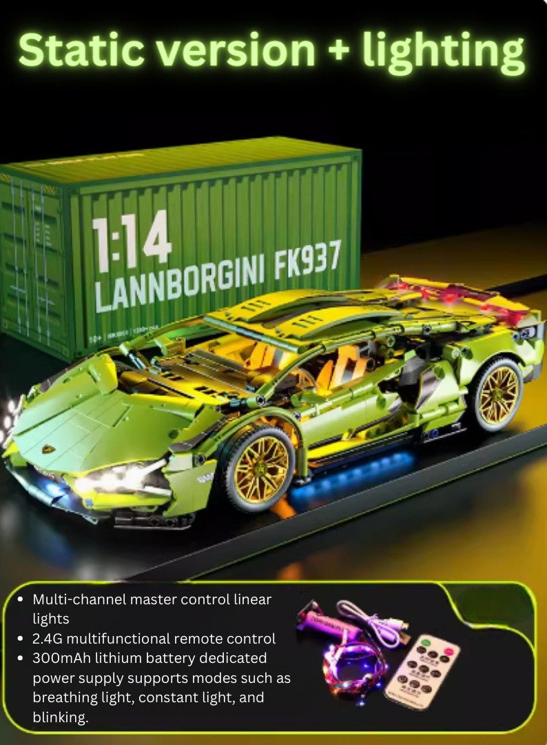 (Pre Order) Cyberpunk Green Lamborghini Bricks 1300+ Pcs with Controllable Lighting Effect