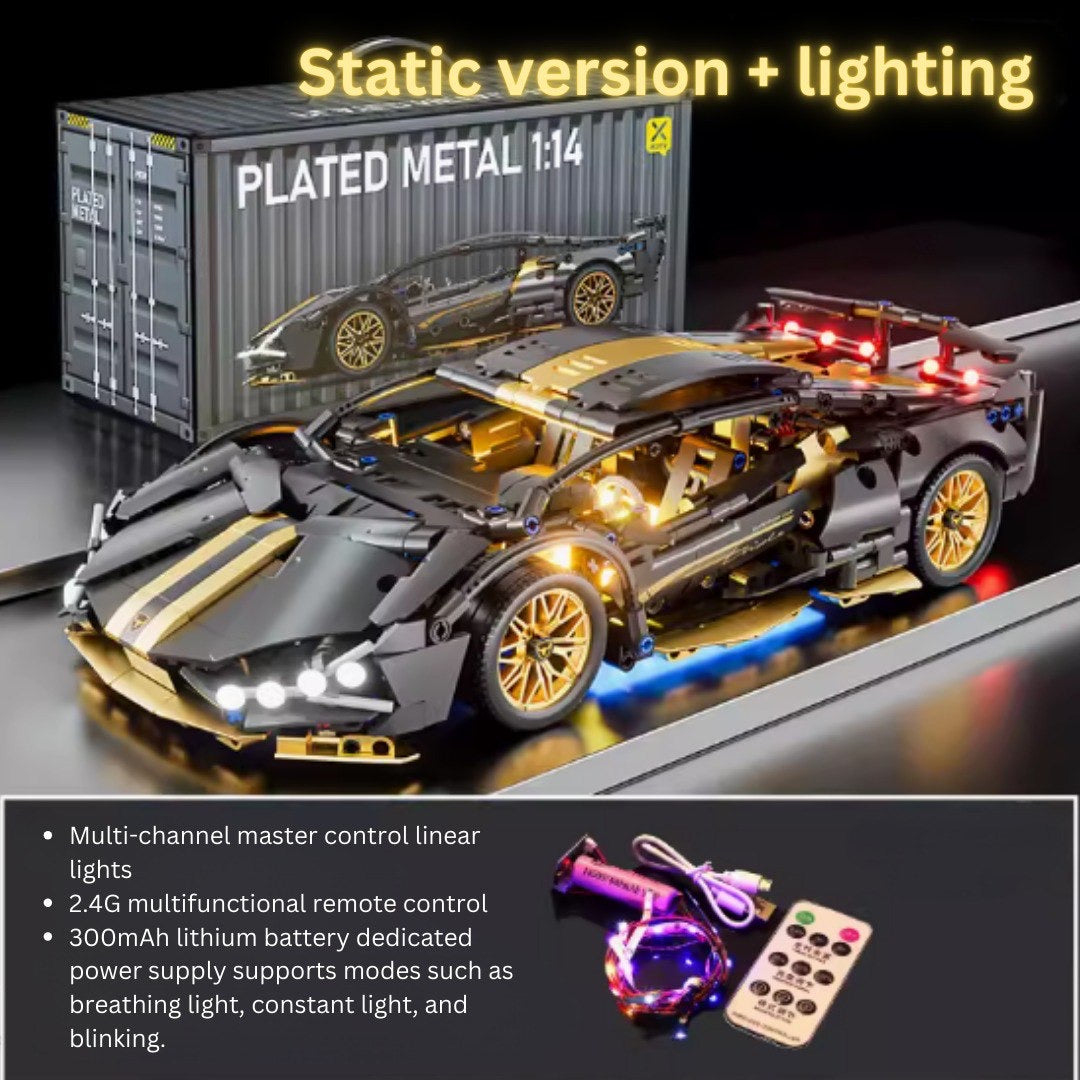 (Pre Order) Cyberpunk Black Gold Lamborghini Bricks 1300+ Pcs with Controllable Lighting Effec